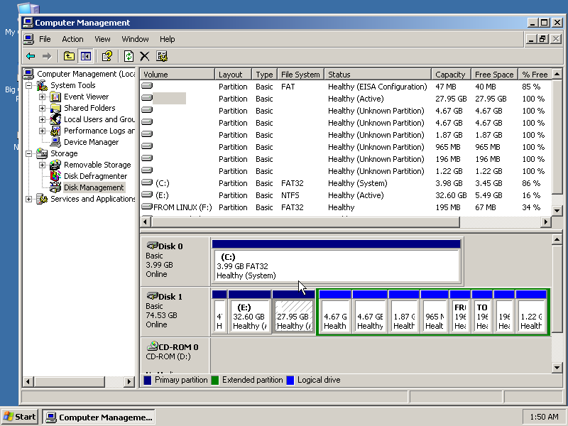 Window XP Partitoin Manager, showing partitions