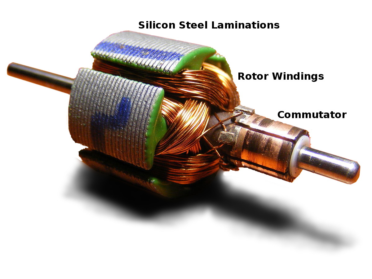 DC motor rotor, showing small copper commutator brushes,
        copper windings, and steel laminations