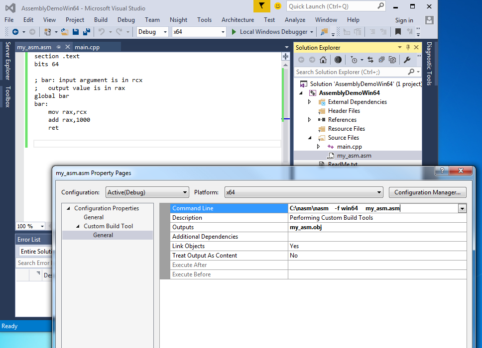 Add Command
      Line and Outputs to point to NASM assembler.