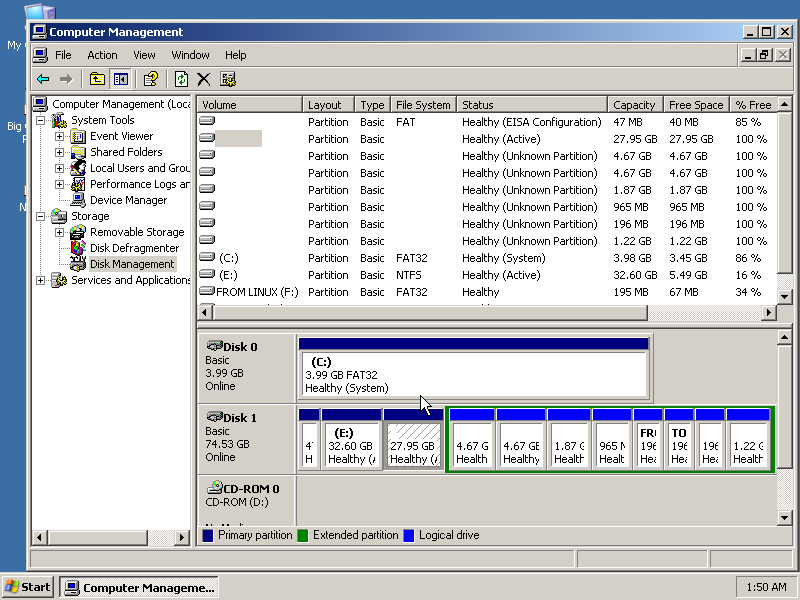 Window XP Partition Manager, showing partitions