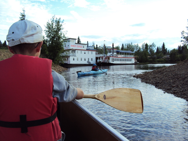 V soloing in Kayak, Chena (T in foreground)