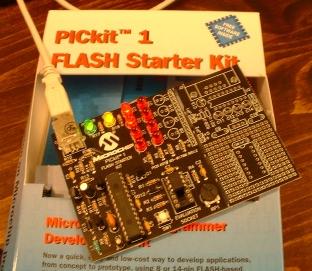 PICkit device board, with 
sockets and LED's
